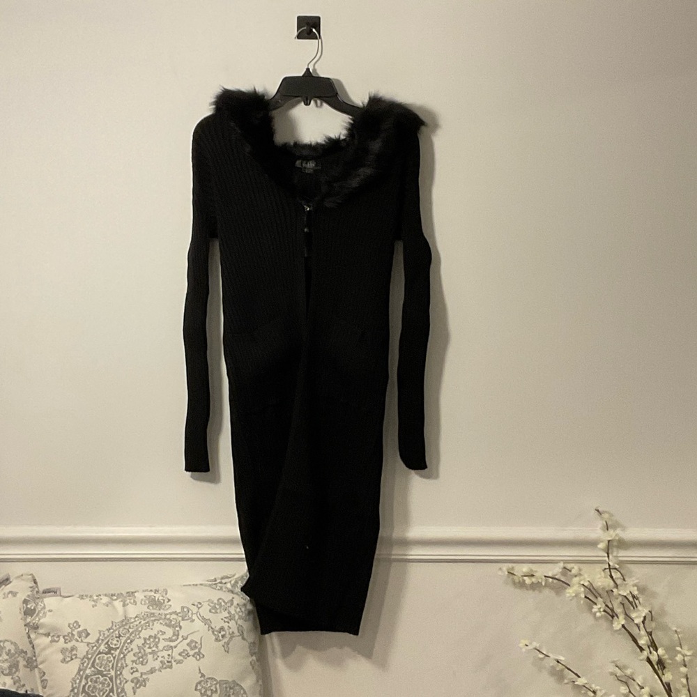 Belldini Black Long Sleeve Dress with Fur Trim